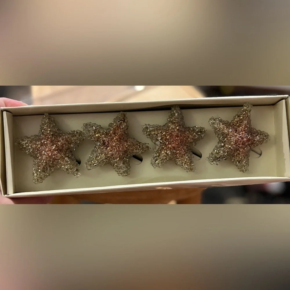 VTG Pier 1 Imports Set of 4 Gold Beaded Star Napkin Rings New In Box - Starfish